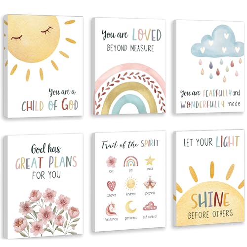 HOURIA Kids Bible Verses Wall Decor,Inspirational Christian Wall Art,Set Of 6 (8’’X10’’) Rainbow Scripture Canvas Wall Art For Nursery Bedroom Classroom Sunday School Decor,Christian Gifts For kids - color: Multicolor, size: 8X10inches