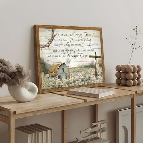 Cross Christian Wall Art Barn Windmill Country Pictures Framed 12x16 Inch - color: Hymn-wood, size: 16"L x 12"W