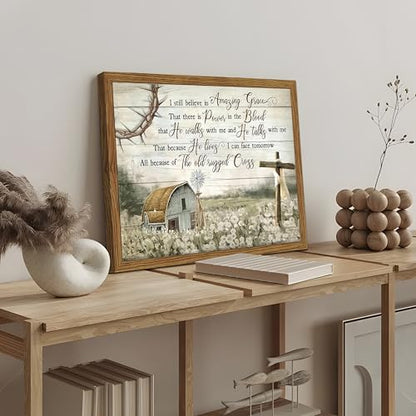 Cross Christian Wall Art Barn Windmill Country Pictures Framed 12x16 Inch - color: Hymn-wood, size: 16"L x 12"W