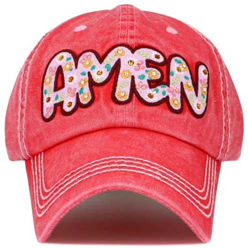 Bless Rodeo Country Horse Derby Womens Baseball Cap Distressed Vintage Unconstructed Embroidered Patch Hat - color: Hot Pink Amen Vintage Ballcap