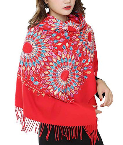 Urban CoCo Embroidered Scarf for Women, Tassel Shawl, Soft Lightweight Wrap - color: Red