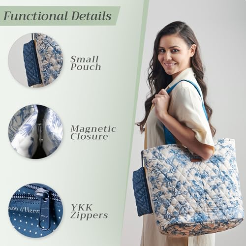 Maison d' Hermine Shopping Bags Cotton Quilted Tote Bag with Zipper Pockets - color: 002 - Bonobo - Blue
