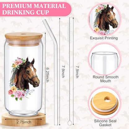 Pickmesh 7 Pack Horse Gifts for Birthday, Horse Racing Gift Set for Women, Canvas Tote Bag, Makeup Bag, 16 oz Glass Cup, Socks, Gift Card Natural Stone Bracelet with Box for Derby Party Favor - style: Horse