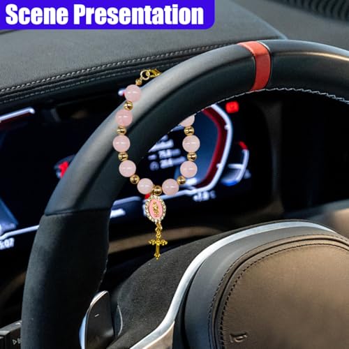 Rosary Car Steering Wheel Rosary Charm, Alloy Cross Religious Rear View Mirror Charm, Personalized Car Mirror Hanging Accessories for Most Cars (Pink) - size: Pink