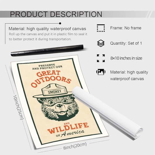 Cute Kids Bear Wall Art Nature Conservation Wildlife Animal Poster Retro Beige Cabin Canvas Prints for Outdoorsy Camping Wall Decor 08x10 inch Unframed - color: Beige-unframed, size: 10L" x 8W"