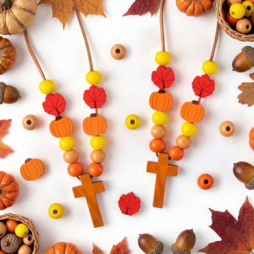 BeYumi Fall Cross Necklace Craft - 24Pcs Christian Wooden Beads for Kids - style: Pumpkin Leaf