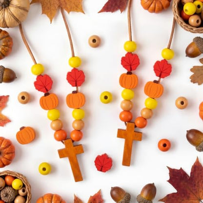 BeYumi Fall Cross Necklace Craft - 24Pcs Christian Wooden Beads for Kids - style: Pumpkin Leaf