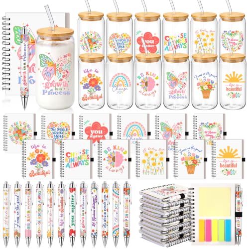 Skylety 36 Pcs Housekeeping Week Gifts Inspirational Floral Glass Cups Set - style: Cute Flower