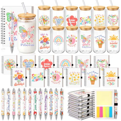 Skylety 36 Pcs Housekeeping Week Gifts Inspirational Floral Glass Cups Set - style: Cute Flower
