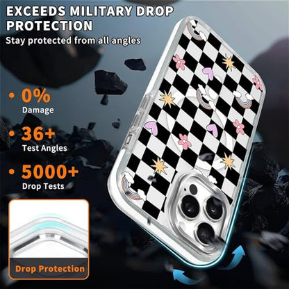 for iPhone 14 Plus/iPhone 15 Plus Case [Compatible with Magsafe],Girls Women Clear Magnetic Case Silicone Shockproof Protective Cover with Pattern Checkerboard Flowers - color: Checkerboard Flowers, size: iPhone 14 Plus/iPhone 15 Plus