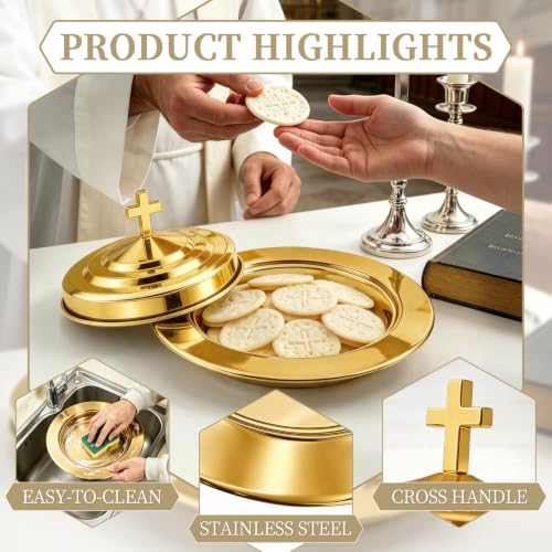 Communion Bread Tray with Lid for Churches, Round Stainless Steel Bread Plate with Cover for Wafers, Church Supplies Serving Tray for Communion and Altar Service, 1Pcs Gold Bread Tray - color: Gold