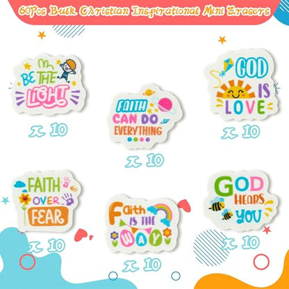 Christian Inspirational Mini Erasers Back to School 60Pcs Inspirational Faith Over Fear Pencil Eraser Colorful God 3D Desk Puzzle Statione Pet for Student Kid Classroom Reward Birthday Supplies - style: Christian Inspirational