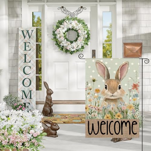 AVOIN colorlife Spring Easter Bunny Welcome Garden Flag 12x18 Inch - color: Blue, size: Garden Size-12 x 18"