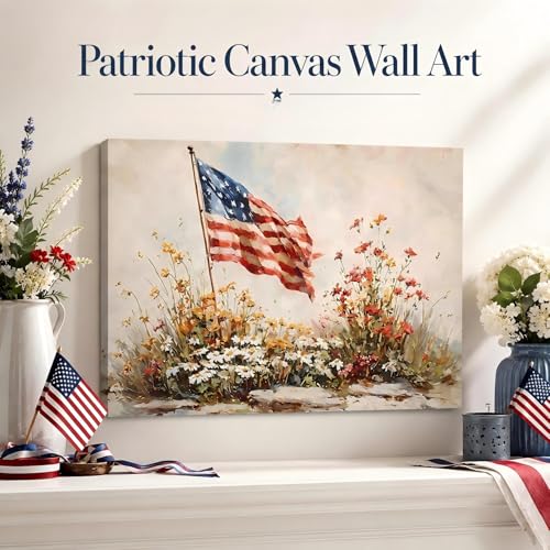 RIBNTAK Large American Flag Wildflower Canvas Art 24x36in, 4th of July Patriotic Paintings Prints Pictures, Vintage Farmhouse Wall Decor for Living Room, Bedroom & Home Decor, Made in USA - color: Picture 1, size: 24"L x 36"W