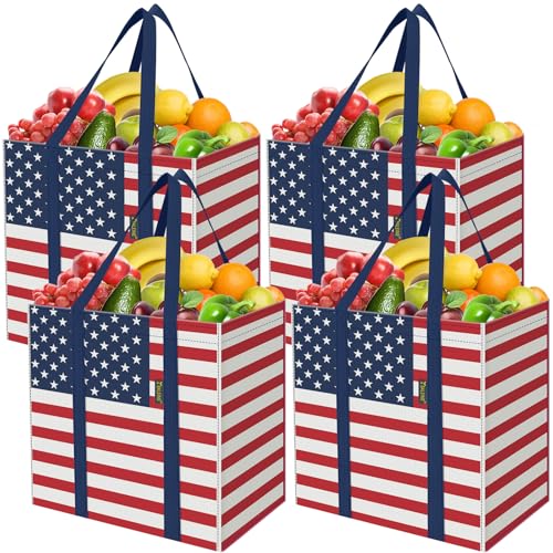 BALEINE 4 PK Grocery Bags Reusable Shopping Bags with Reinforced Bottom, Heavy Duty Foldable Tote Bags (Patriot Celebration) - color: Patriot Celebration, size: 4 PK