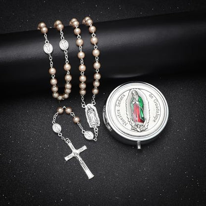 KOMI 6mm Glass Pearl Rosary Beads Catholic for Women with Metal Rosary Box Religious Gifts - style: Guadalupe-pink