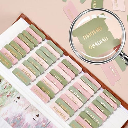 Laminated Bible Tabs for Women Men, Green Pink, Gold Foil Lettering, 105pcs - style: Gold Foil WaterLilyPink
