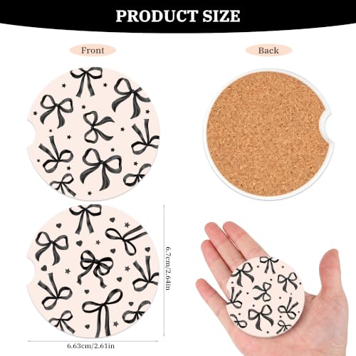 Black Bow Coquette Car Coasters for Cup Holder, Absorbent Coaster for Women - color: Black Bow253