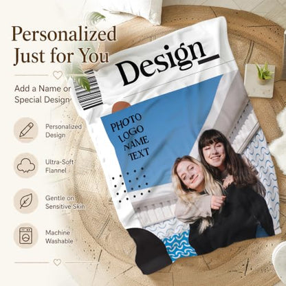 Custom Name Blanket with Photos Logo Text, Personalized Soft Flannel Throws - color: Clear