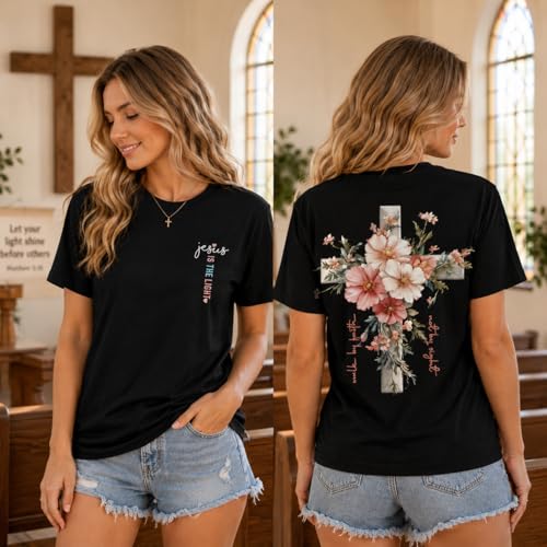 Faith Cross Christian T-Shirt with Boho Floral Cross Print Short Sleeve Casual Graphic Tee for Women - color: Black, size: 3X-Large