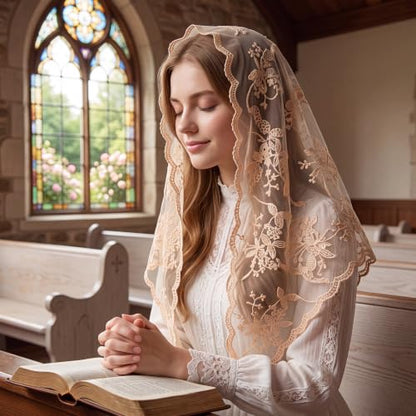 Lystaii Triangle Lace Mantilla Veil Catholic Chapel Head Covering Scarf - color: Champagne