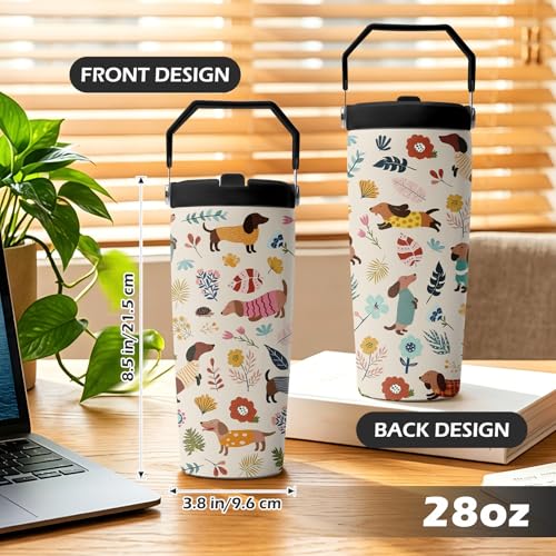 Hiboss Dachshund Tumbler with Handle and Flip Straw 28oz, Insulated Stainless Steel Wiener Dogs Cup Mug, Birthday Gifts for Women Dackel Owners Dog Mom Lovers Girls - color: Dog