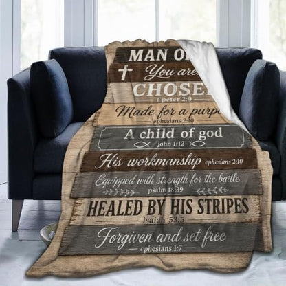 Man of God Blanket for Men, Christian Faith Gift, Bible Verse Throw - color: Rustic Wood