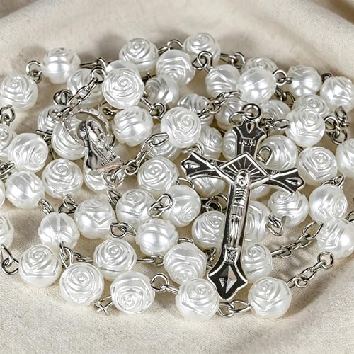 Handmade Rosary Beads for Women, Elegant Catholic Gifts for First Communion, Confirmation & Spiritual Prayer, Unique Beaded Rosary Necklace with Zippered Case - color: White - Our Lady of Lourdes