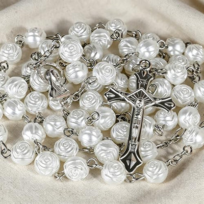 Handmade Rosary Beads for Women, Elegant Catholic Gifts for First Communion, Confirmation & Spiritual Prayer, Unique Beaded Rosary Necklace with Zippered Case - color: White - Our Lady of Lourdes