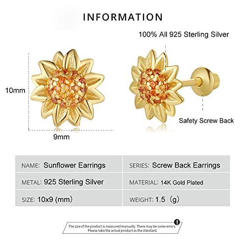 Butterfly Ladybug Unicorn Sloth Flamingo Dog Cat Turtle Angel Koala Daisy Panda Stud Earrings for Girls Women - Sterling Silver Hypoallergenic Animal Earrings with Secure Screw Backs - color: Sunflower