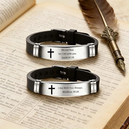 2Pcs Inspirational Quote Cross Bracelets Faith Christian Bible Verse Silicone ID Wristband Religious Bracelet Set Gift for Men Women - style: BR020-1/4