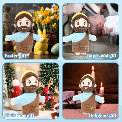 Yelakey Jesus Plush 10", Jesus Plush Stuffed Doll with Halo, White-Skinned Big-Eyed Cute Plushie Gifts for Kids, Christian Stuff Religious Party Toys for Church Easter Christmas Baptisms Favors - color: Brown-big-eyed