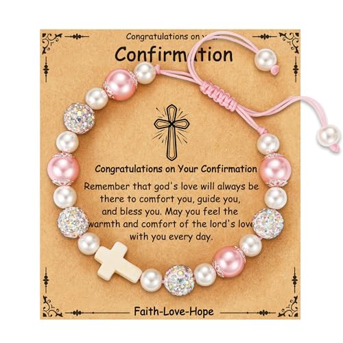 First Communion Confirmation Gifts for Girls, Cross Natural Beads Bracelet Christian Religious Jewelry Gifts for Kids Teen Girls - style: Confirmation