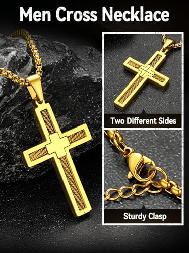 FaithHeart Stainless Steel Cross Necklace for Men, Silver/Black/Gold Cross Chains for Men Religious Amulet Necklaces Christian Gifts for Dad - style: Twist Cross-Gold