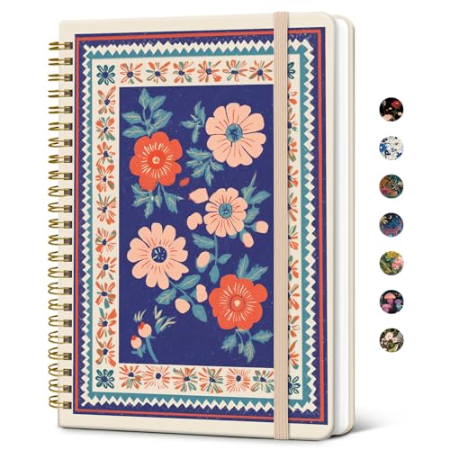 Taja Lined Spiral Journal for Women, A5 Cute Hardcover Notebook for Work - color: G-Folk Bloom