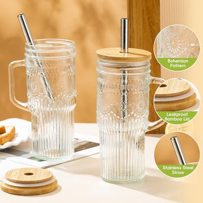 JunVpic Glass Tumbler, 24 oz Ice Coffee Cups with Bamboo Lid and Handle - color: Clear-Boho Pattern, size: 24oz
