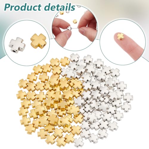 PH PandaHall 120PCS Easter Cross Beads, 2 Colors Antique Cross Holy Spacer Beads Charms Metal Loose Bead for DIY Craft Jewelry Making Handmade Bracelets, 8x7.5x3.8mm, Silver and Golden