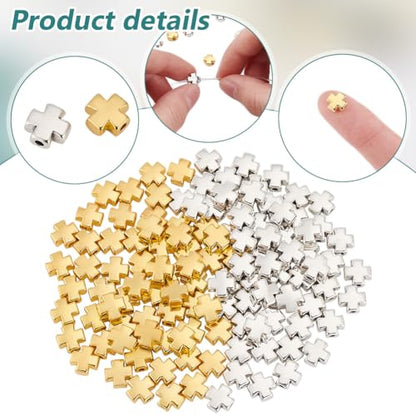 PH PandaHall 120PCS Easter Cross Beads, 2 Colors Antique Cross Holy Spacer Beads Charms Metal Loose Bead for DIY Craft Jewelry Making Handmade Bracelets, 8x7.5x3.8mm, Silver and Golden