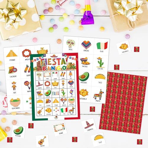 Fiesta Bingo Games, Travel Trip Bingo Cards, Mexican Theme Party Game for Adults Family, Christmas Party Activities, 24 Bingo Sets, A004 - color: Mexican Fiesta