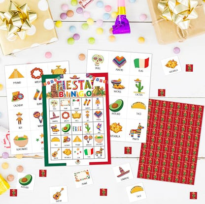 Fiesta Bingo Games, Travel Trip Bingo Cards, Mexican Theme Party Game for Adults Family, Christmas Party Activities, 24 Bingo Sets, A004 - color: Mexican Fiesta