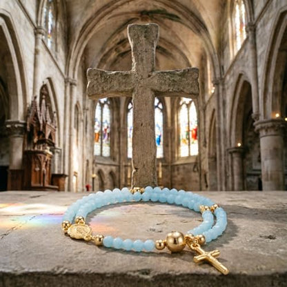 Cross Rosary Bracelet for Women Handcrafted Crystal Virgin Mary Cross Beaded Bracelets Christian Faith Link Bracelets Crucifix Religious Christian Faith Jewelry - color: Blue