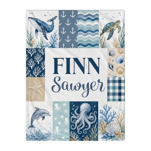 Personalized Ocean Animal Baby Blanket, Custom Sea Life Baby Blanket - color: Blue #5