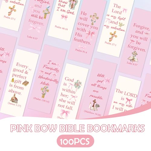 100 Pcs Christian Bookmarks, Religious Pink Bow Cross Flower Paper Bookmark Bulk for Women, Inspirational Bible Verse Book Mark Gift for Reading Lovers Church Accessories - color: Christian B