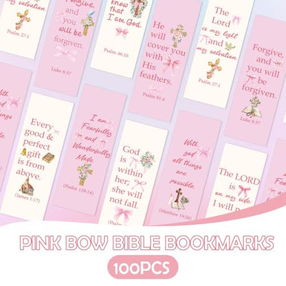 100 Pcs Christian Bookmarks, Religious Pink Bow Cross Flower Paper Bookmark Bulk for Women, Inspirational Bible Verse Book Mark Gift for Reading Lovers Church Accessories - color: Christian B