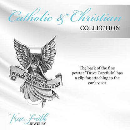 True Faith Jewelry Pewter Grandson Please Drive Carefully Car Guardian Angel Visor Clip, New Driver Gifts from Grandma and Grandpa, Fine Pewter (92% Tin), 2-1/4 x 1-5/8 Inch - size: Grandson Angel 1