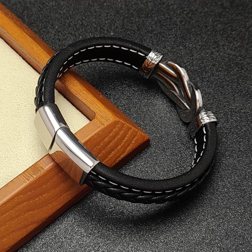 Men's Braided Leather Bracelet Wristband Cuff Bracelet for Men Gifts Stainless Steel Clasp - color: Black