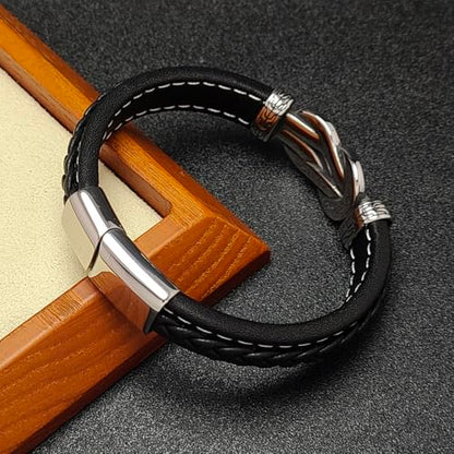 Men's Braided Leather Bracelet Wristband Cuff Bracelet for Men Gifts Stainless Steel Clasp - color: Black