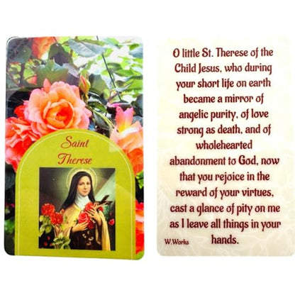 St Therese Rosary with Pink Rose Beads Metal Crucifix & USA Made Holy Card