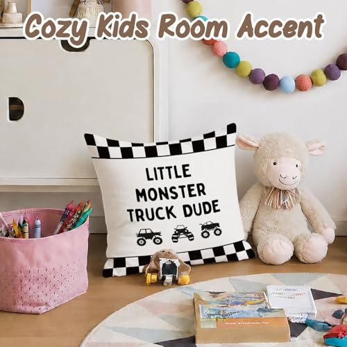 Little Monster Truck Dude Pillow Covers 18x18 Room Decor, Boys Room Throw Pillows,Black and White Checkered Toddler Playroom Decor for Kids Room Nursery Baby Boys Toy Room Bedroom Sofa Couch - color: Car