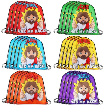 24 Pcs Christian Gift Bags Bulk Religious Drawstring Bags, Jesus Has My Back Backpacks for Sunday School, Bible Drawstring Backpack Graduation Church Camp Party Favors - style: Religious